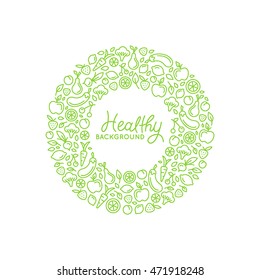 Vector logo design template in trendy linear style with copy space for text and fruit and vegetable icons - healthy store, vegan and natural food product packaging