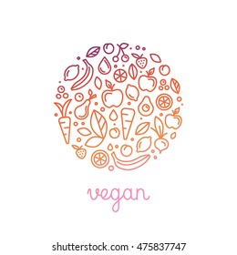 Vector logo design template in trendy linear style with icons and signs - emblem for vegan and organic product packaging - fruits, vegetables and berries