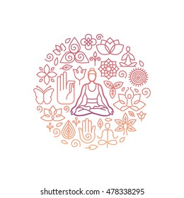 Vector logo design template in trendy linear style with icons and signs - emblem for yoga class, holistic healing centers, meditation practice and course