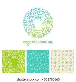 Vector logo design template in trendy linear style with icons and signs - emblem for smoothie packaging and seamless patterns - fruits, vegetables and glass jar