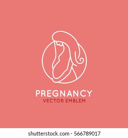 Vector logo design template in trendy linear style - pregnancy and maternity concept - happy pregnant woman