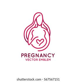 Vector logo design template in trendy linear style - pregnancy and maternity concept - happy pregnant woman