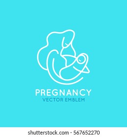 Vector logo design template in trendy linear style - pregnancy and maternity concept - happy pregnant woman