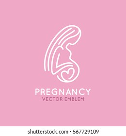 Vector logo design template in trendy linear style - pregnancy and maternity concept - happy pregnant woman