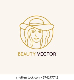Vector logo design template in trendy linear style - woman's face - abstract emblem for cosmetics and beauty products 