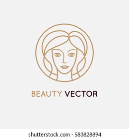 Vector logo design template in trendy linear style - woman's face - abstract emblem for cosmetics and beauty products 