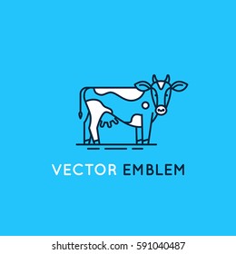 Vector logo design template in trendy linear style - emblem with cow - illustration for milk and dairy industry and packaging - organic, natural and fresh food from farm