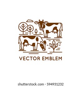 Vector logo design template in trendy linear style - emblem with cows - illustration for milk and dairy industry and packaging - organic, natural and fresh food from farm