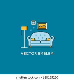 Vector logo design template in trendy minimal linear style - interior design concept - furniture and home decoration items and icons