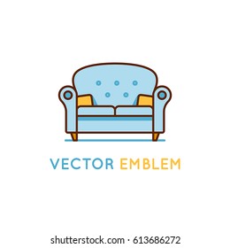 Vector logo design template in trendy minimal linear style - interior design concept - furniture and home decoration items and icons