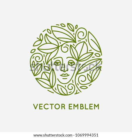 Vector logo design template in trendy linear style with female face - abstract beauty symbol for hair salon or organic cosmetics 