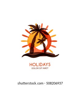 Vector logo design template. Tropical island, palms and sunset on seaside. Concept for travel agency, tropical resort, beach hotel, spa. Summer vacation isolated hand drawn illustration.