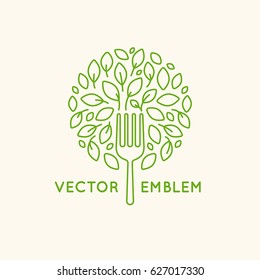 Vector logo design template - vegan food concept - icon and illustration for vegetarian cafe and product packaging designs - healthy, organic and natural emblem with green leaves and fork