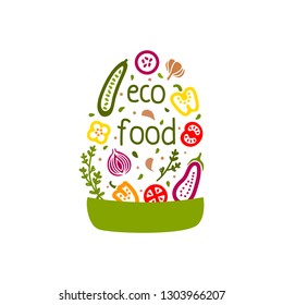 Vector logo design template with vegetable icons. Set vegetable for organic food store, healthy food shop, cafe and eco food delivery