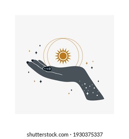 Plantilla de diseño de logotipo vectorial con mano de mujer, luna, estrellas y Crystal.Magia y astrología concepto.