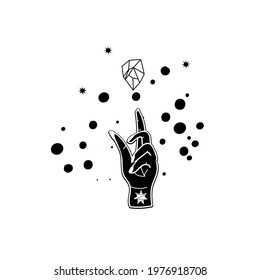 Vector logo design Template with a woman hand, stars and Crystal.Magic and astrology concept.