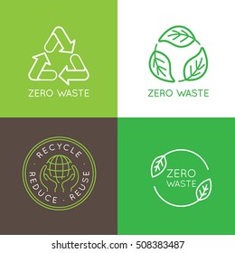 Vector logo design templates and badges in trendy linear style - zero waste concept, recycle and reuse, reduce - ecological lifestyle and sustainable developments icons