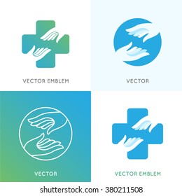 Vector logo design templates in bright gradient colors - charity concepts and volunteer organizations - health and care emblems 