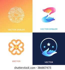 Vector logo design templates in bright gradient colors - charity concepts and volunteer organizations - help and protect 