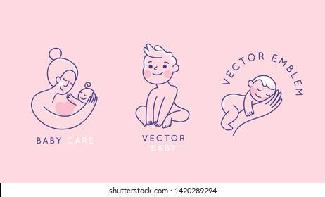 Vector logo design templates and emblems in simple line style - happy baby and mother - badges for children store and baby care centers