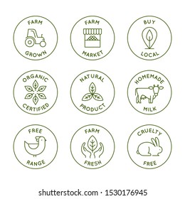 Vector logo design templates and emblems in simple line style - fresh farm products. Farm grown, farm fresh and natural products badges 