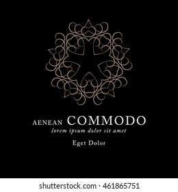 Vector logo design templates and emblems in trendy linear style in golden colors on black background - floral and natural cosmetics concepts and alternative medicine symbols