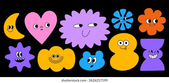 Vector logo design templates, graphic elements, different emotions stickers for advertising, branding, posters and banners, funny cartoon illustrations with smiling character and mascots
