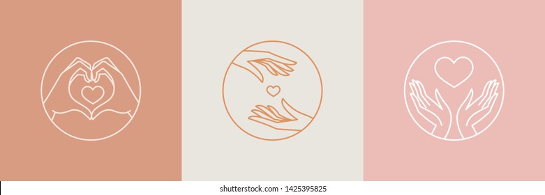 Vector logo design templates with hands and hearts - volunteer or charity organisations emblems and signs