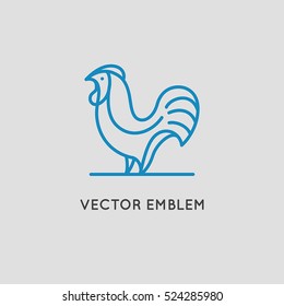 Vector logo design templates in linear style - rooster and hen line illustration - emblem for chicken farm or cooking concept