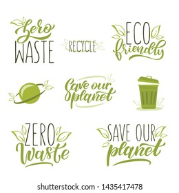Vector logo design templates and signs with green eco leaves - zero waste concept, recycle and reuse, reduce - ecological lifestyle. Handwritten text, EPS 10.