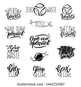 Vector logo design templates and signs with eco leaves - zero waste concept, recycle and reuse, reduce - ecological lifestyle. Handwritten text, EPS 10.