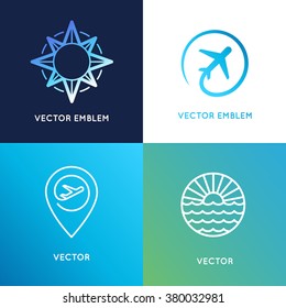 Vector logo design templates in trendy linear style with icons - travel agency emblems and tour guide concepts