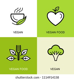 Vector logo design templates - vegan food concepts - icons and illustrations for vegetarian cafe and product packaging designs - healthy, organic and natural emblems with green leaves