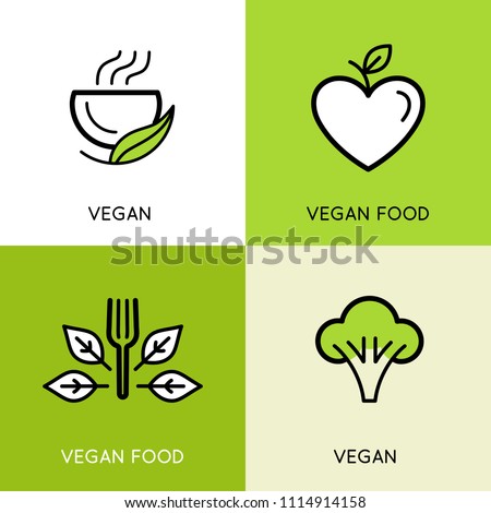 Vector logo design templates - vegan food concepts - icons and illustrations for vegetarian cafe and product packaging designs - healthy, organic and natural emblems with green leaves