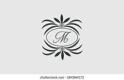 Vector logo design in trendy linear style. Floral monogram with the letter M in the center or space for the text of the letter - an emblem for fashion, beauty and jewelry industry, business