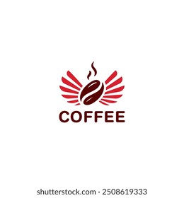 Vector Logo Design of a Warm Coffee Bean with Red Wings in Brown and Red Colors, Suitable for Logos, Icons, Mascots, Infographics, Branding, and More