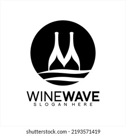 Vector logo design with wine bottle and waves concept.