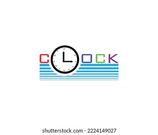 vector logo design with the words CLOCK in which the letter L is modified so that it forms an arrow that shows 3 o'clock and another arrow is at 12 also with the addition of a light blue line under it