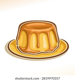 Vector logo for dessert Flan, illustration of custard creme confectionery for cafe menu, poster with vanilla pudding on dish, flan cake pouring of caramel syrup