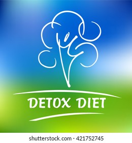Vector logo detox diet and holistic nutrition on color background. Hand drawn line logotype for fresh health food and drinks in menu cafe, restaurant.