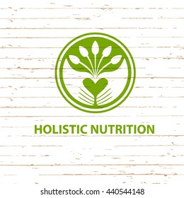 Vector logo detox diet and holistic nutrition on wood background.