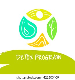 Vector logo detox program, diet and holistic nutrition on white background. Hand-drawn illustration for fresh health food and drinks in cafe, restaurant.