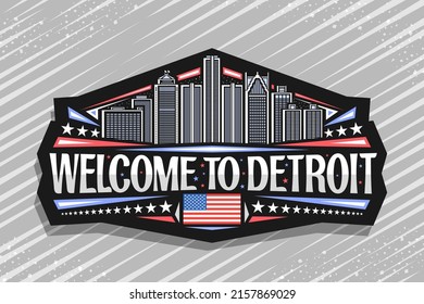 Vector logo for Detroit, black decorative tag with illustration of detroit city scape on dusk sky background, art design refrigerator magnet with unique brush lettering for words welcome to detroit