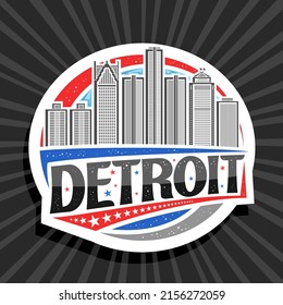 Vector logo for Detroit, white decorative label with line illustration of modern detroit city scape on day sky background, art design refrigerator magnet with unique lettering for black word detroit