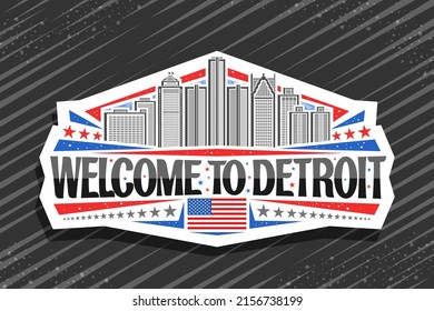 Vector logo for Detroit, white decorative sign with illustration of detroit city scape on day sky background, art design refrigerator magnet with unique lettering for black words welcome to detroit