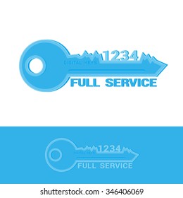 Vector. Logo digital key for design logotype service company or web icon on sites isolated on white and blue background