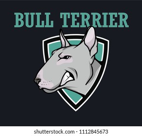 Vector logo of a dog bull Terrier with a shield