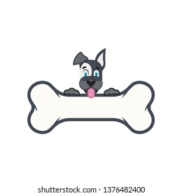 Vector logo. The dog holds the bone. Sticker. Concept of pet label template for text advertising.