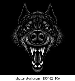 The Vector logo dog  or wolf  for tattoo or T-shirt design or outwear.  Cute print style dog  or wolf  background. This drawing would be nice to make on the black fabric or canvas.