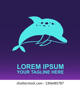 Vector Logo of Dolphin Animal on Gradient Color Background Violet and Pink. Illustration for Print.